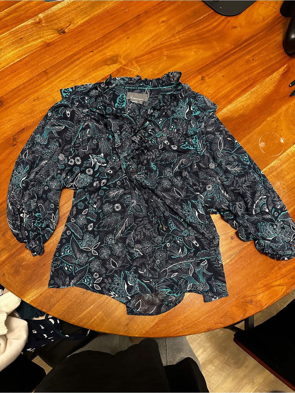 Anthropologie Teal & Black Paisley Ruffle-Neck Blouse